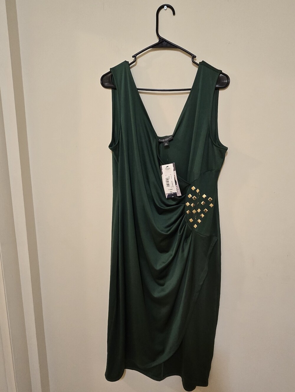 Sleeveless Emerald Green Draped Dress with Gold Stud Detail